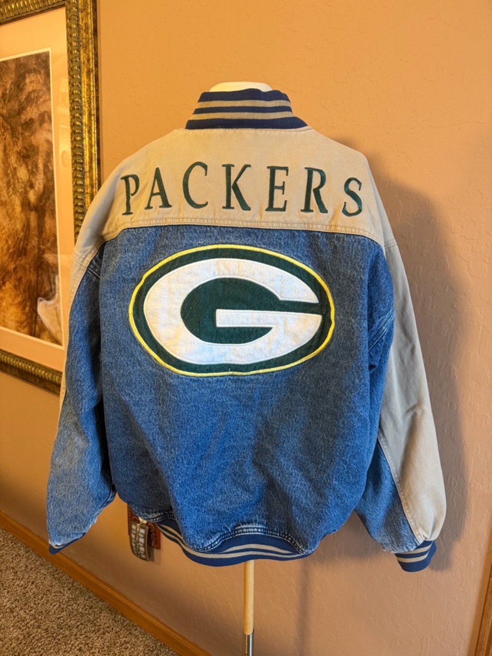 Vintage Green Bay Packers Denim & Tan Varsity Jacket size XL